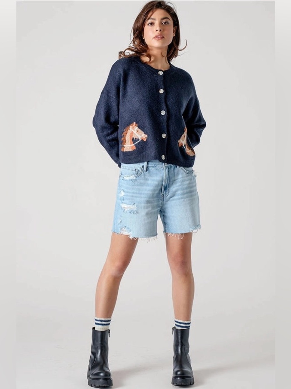 Vigoss Navy Blue Button-Up Cardigan with Horse Intarsia - Picture 2 of 11